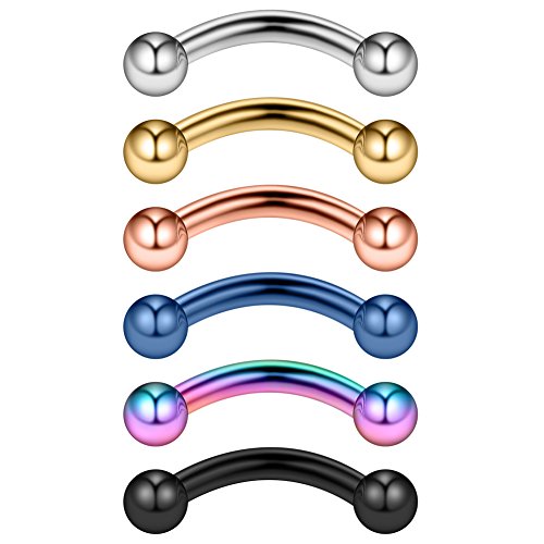 Ruifan 6PCS 14G 5/16 Inch Stainless Steel Curved Eyebrow Rings Petite Belly Rings Body Jewelry Piercing Set 3mm Ball - Mix Color 2