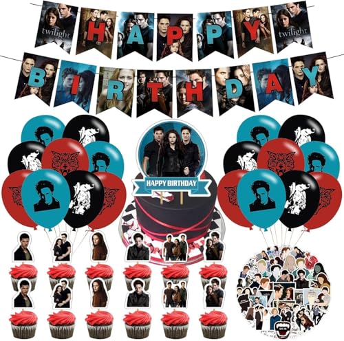 The Vampire Theme Birthday Party Decorations The Saga of Twilight Party Supply Set for Kids with 1 Happy Birthday Banner  24 Cupcake Toppers 50 Stickers 18 Balloons for Party Decorations