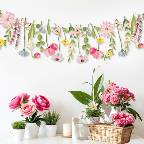 Image of Butterfly Banner Wildflower Party Decorations Paper Flower Leaves Banner Butterfly Garland for Wall Decoration Spring Baby Shower Wedding Backdrop Decorations
