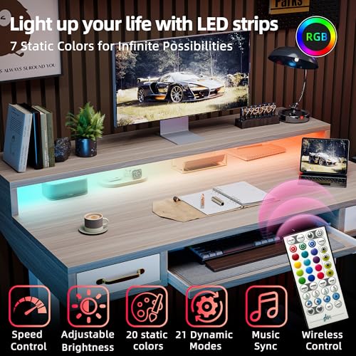 Image of TIQLAB Standing Desk with Two Drawers, Stand Up Standing Desk Adjustable Height, Electric Sit Stand Table with Storage Shelf and Splice Board, with LED Light, 47 * 28 inch, Light Walnut