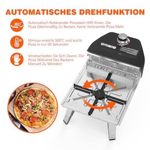 Mimiuo Gas Pizzaofen mit Drehfunktion für den Garten, Tragbarer Pizza Ofen Outdoor mit 33cm Runden Pizzastein und Pizzaschaufel, Schwarz (Globales Patent)