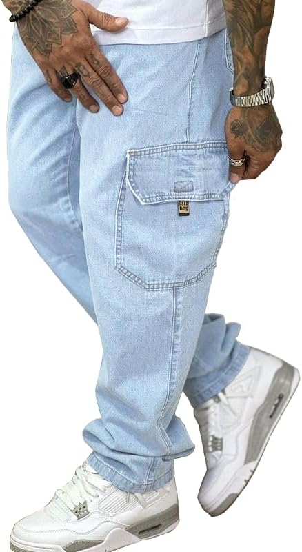 Calça Cargo Jeans Elástico E Cordão Na Cintura Bolsos Laterais