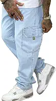 Calça Cargo Jeans Elástico E Cordão Na Cintura Bolsos Laterais