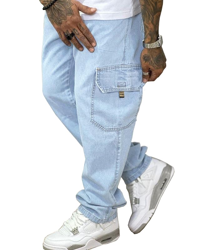 Calça Cargo Jeans Elástico E Cordão Na Cintura Bolsos Laterais (P, Azul-claro)