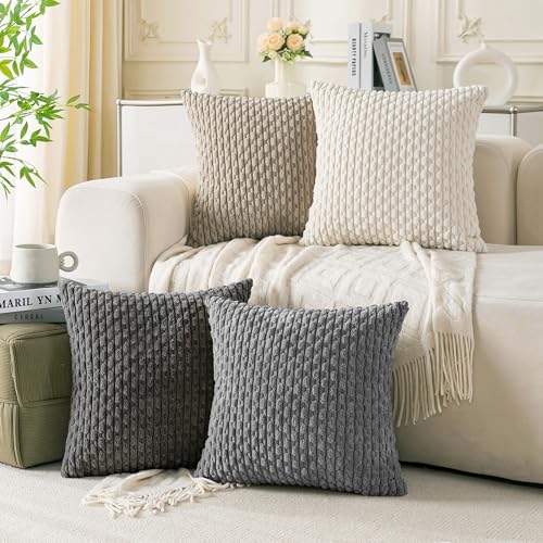Set of 4 Grey White Taupe Decorative Throw Pillow Covers 26x26 Inch Corduroy Pillow Covers for Bed Couch Sofa Living Room Soft Square Cushion Cases
