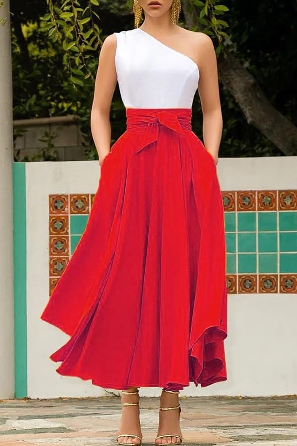 Women's Summer Maxi Skirt Pleated A Line High Waisted Flowy Beach Casual Long Skirts with Pockets4