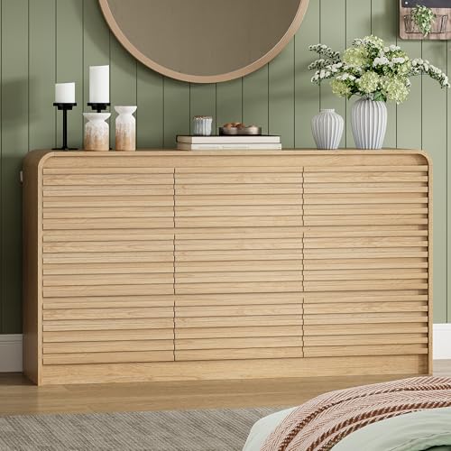 Image of 9 Drawer Dresser for Bedroom,59 inch Wide Fluted Dresser with Curved Edge and Ergonomic Handleless, Large Wooden Clothes Storage Organizer, Modern Chest of Drawers for Closet, Living Room, Natural Wood