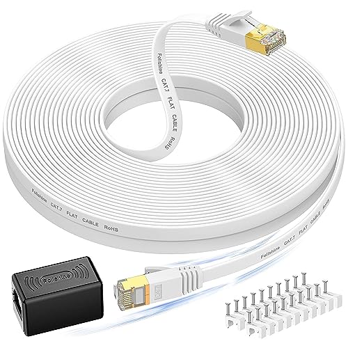 Cat 7 Ethernet Cable 50 ft, High Speed Flat Internet Cable with Extension Coupler, Shielded RJ45 Network Cable for Ethernet Network Switch, Modem, Router, Printer-Faster Than Cat6/Cat5e/Cat5-White