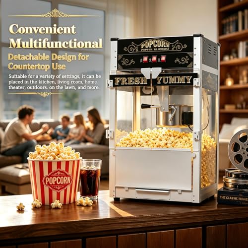 Image of 32 OZ Commercial Popcorn Machine with Cart - Stainless Steel Kettle Popper with Wheels, Warming Deck & Tempered Glass, for Business, School, Corporate, Theater, Home Use, Black