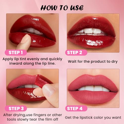 Prreal 4 Colors Peel Off Lip Stain Set, Non-sticky, Transfer-proof Tattoo Lip Tint Stain, Waterproof and Long-lasting Peel Off Lip Tint, Lip Gloss Peel Off with Matte Finish