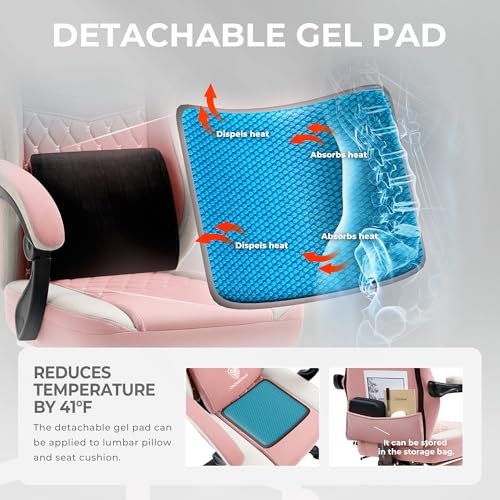 Image of Dowinx Gaming Chair Breathable Fabric Game Chair with Gel Pad and Storage Bag, Comfortable Gamer Chair with Pocket Spring Cushion, Ergonomic Computer Chair with Footrest, Pink