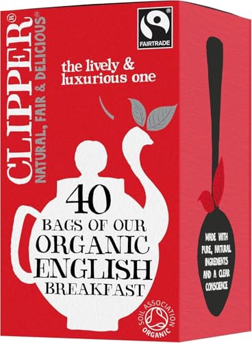 Clipper Fairtrade Organic English Breakfast Tea Bags | Black Tea Bags | Natural, Unbleached, Plant-Based Biodegradable & Sustainable Teabags | Eco Conscious, Non GM & Fair Trade Tea (40 Teabags)