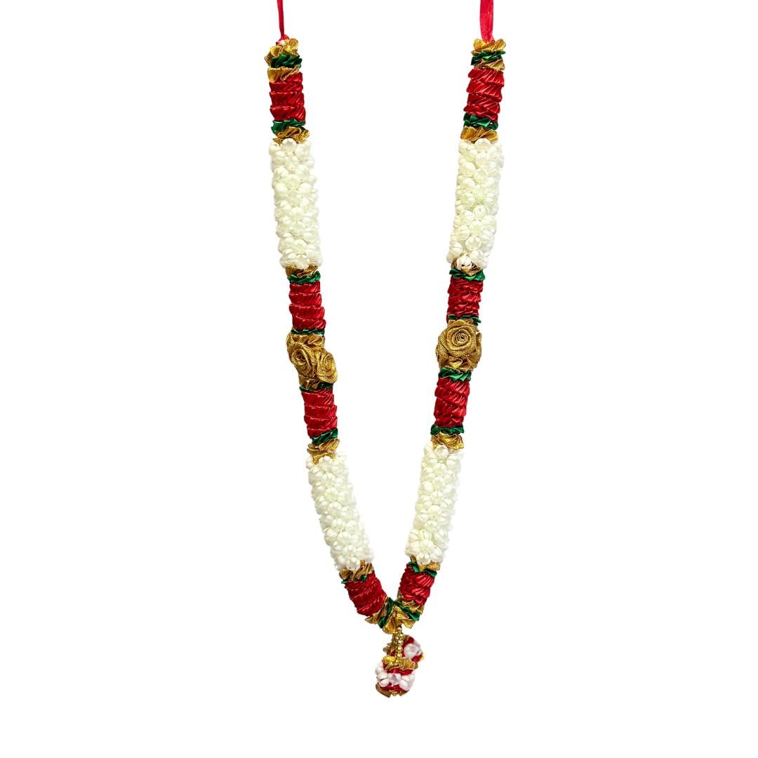 HALDI MEHENDI SHAADI Red Rose Gulaab Petals White Mogra Golden Rose Artificial Flower Garland/Haar/Mala for God Idol/Photoframes/Pooja Room/Mandir/Decoration (12 inch)