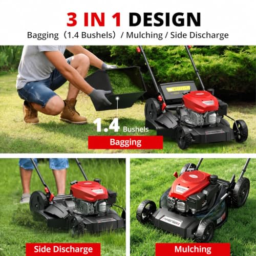 Image of AMERISUN 21-Inch Gas Push Lawn Mower, 144cc 4-Stroke Engine, 6-Position Adjustable Cutting Height, 3-in-1 Mulching, Side Discharge & Rear Bag for Garden Landscaping