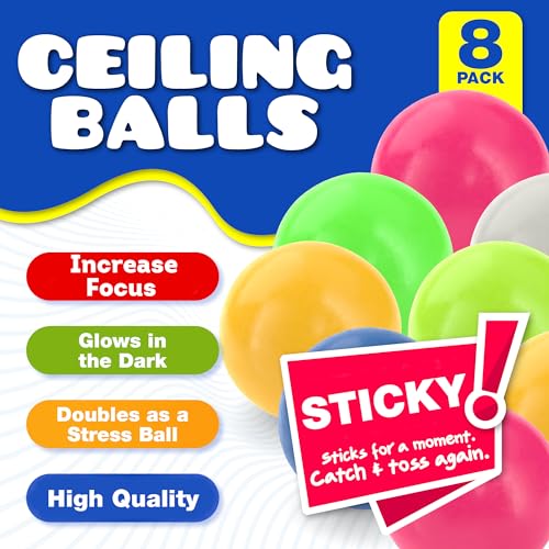 Sticky Stress Balls - Fidget Pack of 8 - Squishy Glow in The Dark Ball Stress - Sticks to Ceiling and Wall - Stress Relief Gifts, Party Supplies, Anxiety Relief Items for Adults - Thumbnail 2
