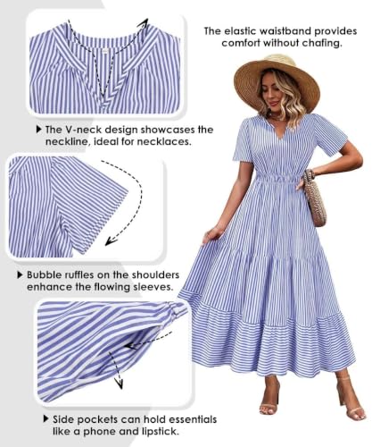 Image of TIYOMI Women Plus Size Dress Boho V Neck Short Sleeve Beach Maxi Dresses Floral /Stripe /Leaves /Lemon XL-5XL