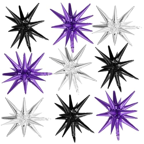Black Purple Silver Star Balloons,9Pcs 22Inch Explosion Star Balloons