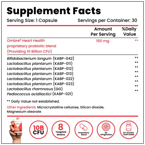 Ombre Heart Health Probiotic Capsules, Daily Cardiovascular Support Supplement For Men And Women, Promotes Overall Wellness And Gut Health, 10 Billion Cfu, Shelf-Stable, 30 Servings #TOP3