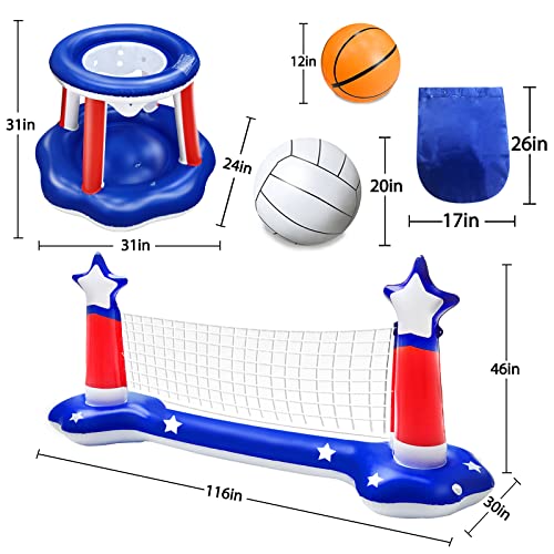 116" Large Inflatable Pool Volleyball Net & Basketball Hoop With 2 Beach Balls American Flag Pool Toys Games For Adults Kids Pool Floating Party Supplies(116" X46" X30") Hoop(31" X24") #TOP2