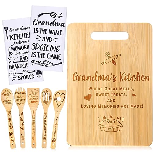 Gerrii 8 Pieces Grandma Gifts Set Kitchen Towels Dish Towels Spoons for Kitchen Cooking Utensils Cutting Board for Christmas Mother's Day Housewarming Kitchen Decoration