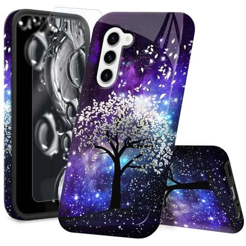 ACWDMKH S23 Case,for Samsung Galaxy S23 Phone Case with Screen Protector Slim Dual Layer Shockproof Drop Protection,Scratch-Resistant Rugged Heavy Duty Cover for Women Men,Purple Glitter Tree