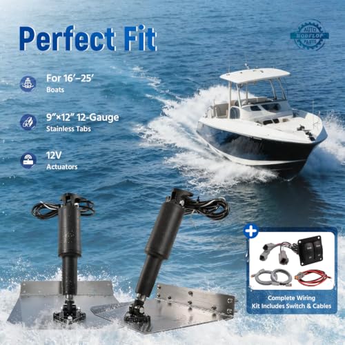 Image of 15101-104 9 inch x 12 inch Standard Electric Trim Tab Kit, 12V Marine Grade Boat Trim Tabs with Double Rocker Switch for 16ft-25ft Boats Replaces 15001-101, 15101104, 15001101, 10222-211D