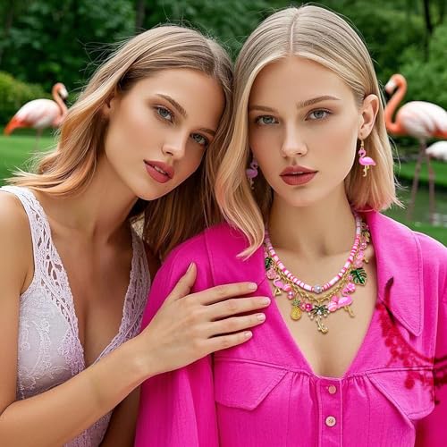 YAHPERN Flamingo Jewelry Set for Women Pink Flamingo Necklace Bracelet Earrings Coconut Tree Palm Leaves Choker Necklace Charm Bracelet Tropical Summer Beach Jewelry Accessories Gifts3