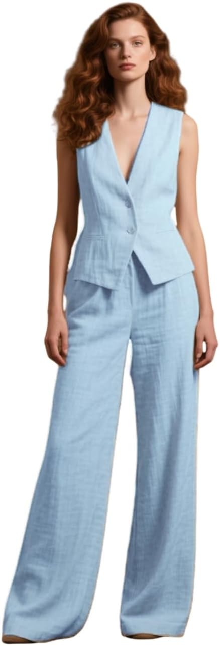 Womens Linen Suit Summer 2 Piece Outfits Casual Vest and Wide Pants Set