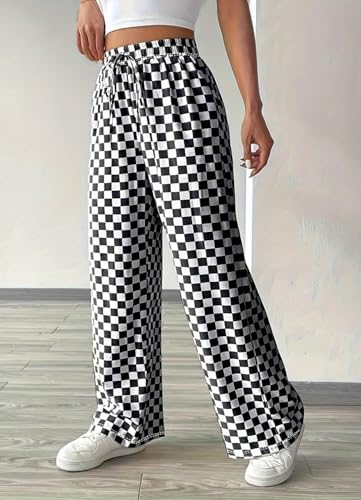 Image of Women's Casual Checkered Pants Drawstring Elastic Waist Comfy Loose Straight Wide Leg Plaid Pants with Pockets