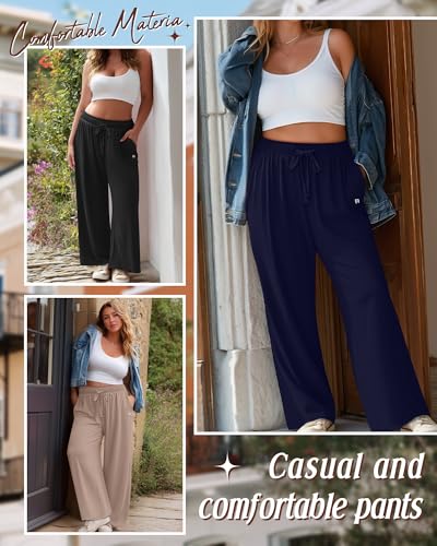 Neer 3 Pack Women's Plus Size Pants, Wide Leg Lounge Loose Sweatpants High Waist Drawstring Cotton Yoga Pants with Pockets3