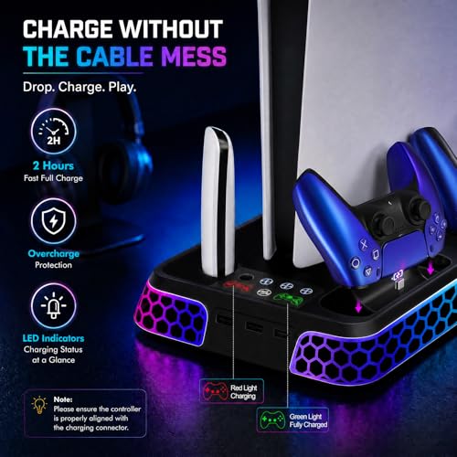 Image of PS5 Stand with Hexagon RGB Aesthetics,PS5 Cooling Station for PlayStation 5 Slim Pro Disc Digital Console with Cooling Fan,Dual Controller Fast Charger USB Hub Headset Holder Game Storage (Black)