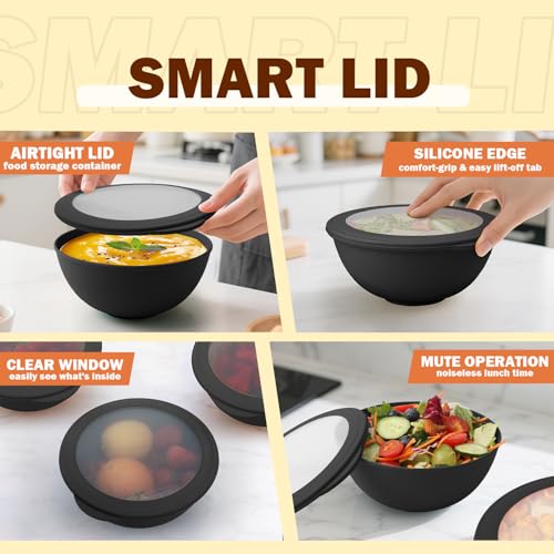 Image of 40 OZ Unbreakable Cereal Bowls with Lids, Wheat Straw Bowls Set of 4 with Unique Pattern, Reusable Plastic Bowl for Cereal, Soup, Salad and Ramen, Indoor & Outdoor Essentials, Black