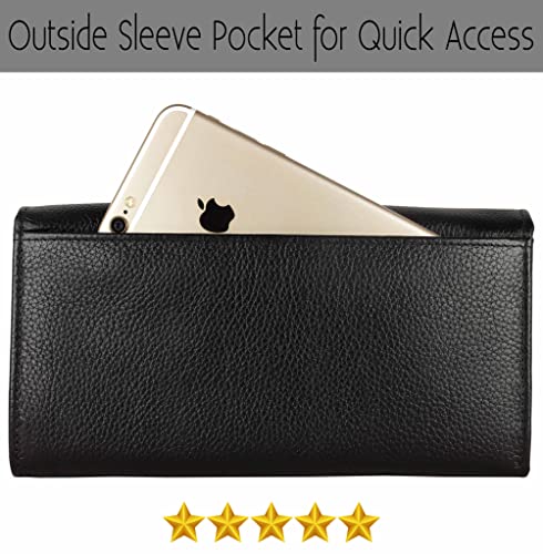 Image of Women's Top Grain Leather Wallet, RFID Blocking Bifold clutch, 17 Card Slots, Zip Pocket Organizer, Elegant Gift for Women - Birthday, Valentine, Anniversary - PEBBLES BLACK