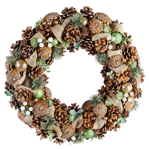 XL 50cm Christmas Wreath Pine Cone & Red Bauble Hanging Door...