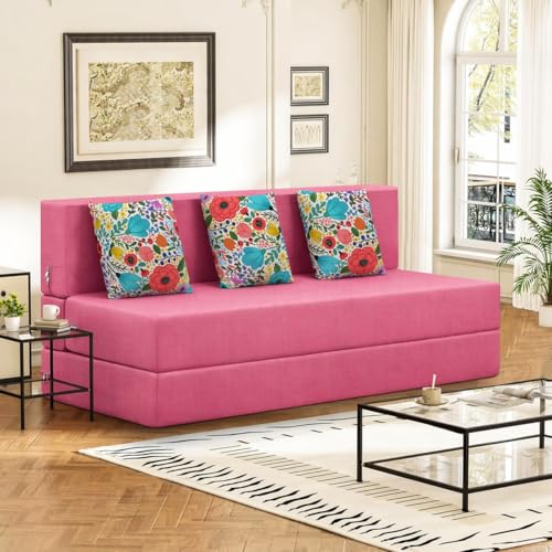 Image of Rosebell Foldable 3 Seater Sofa Cum Bed, Printed Sofa Bed 5X6 Feet, Washable Cover- Perfect for Home & Office - Rose Pink Color for Home