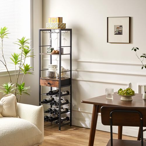 IBUYKE Portabottiglie da Terra a 4 Livelli con Portabicchieri e Cassetto, Portabottiglie da 16 Bottiglie da Banco in Legno, Per Cantinetta Vino, Cucina, Sala da Pranzo, Marrone TMJ905H - immagine 4