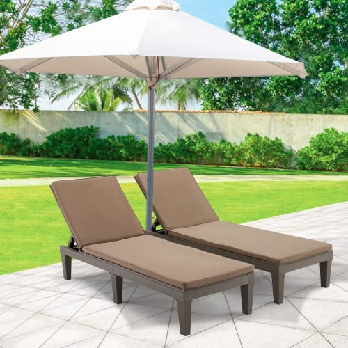 Erinnyees Chaise Lounges 2 Pcs,All-Weather Patio Loungers With 5-Position Adjustable Backrest & Removable Cushions & Wood Texture Design, Reclining Chair For Beach, Poolside, Balcony, Set Of 2 #TOP22