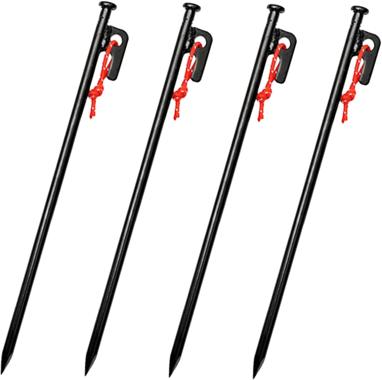 Heavy Duty Tent Stakes Camping Tent Pegs Metal Ground Anchors 30cm Black Stakes with Rope Holes 4pcs Set with Storage Bag for Outdoor Camping