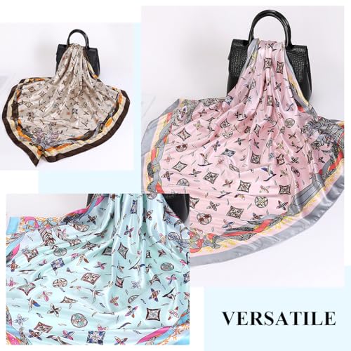 Image of PALAY 3Pcs Silk Scarf for Women Stylish, Satin Neck Head Scarf for Women, 35 In Square Summer Comfy Beach Hair Scarf, Fashion Print Silk Scarves for Woman Ladies Gift