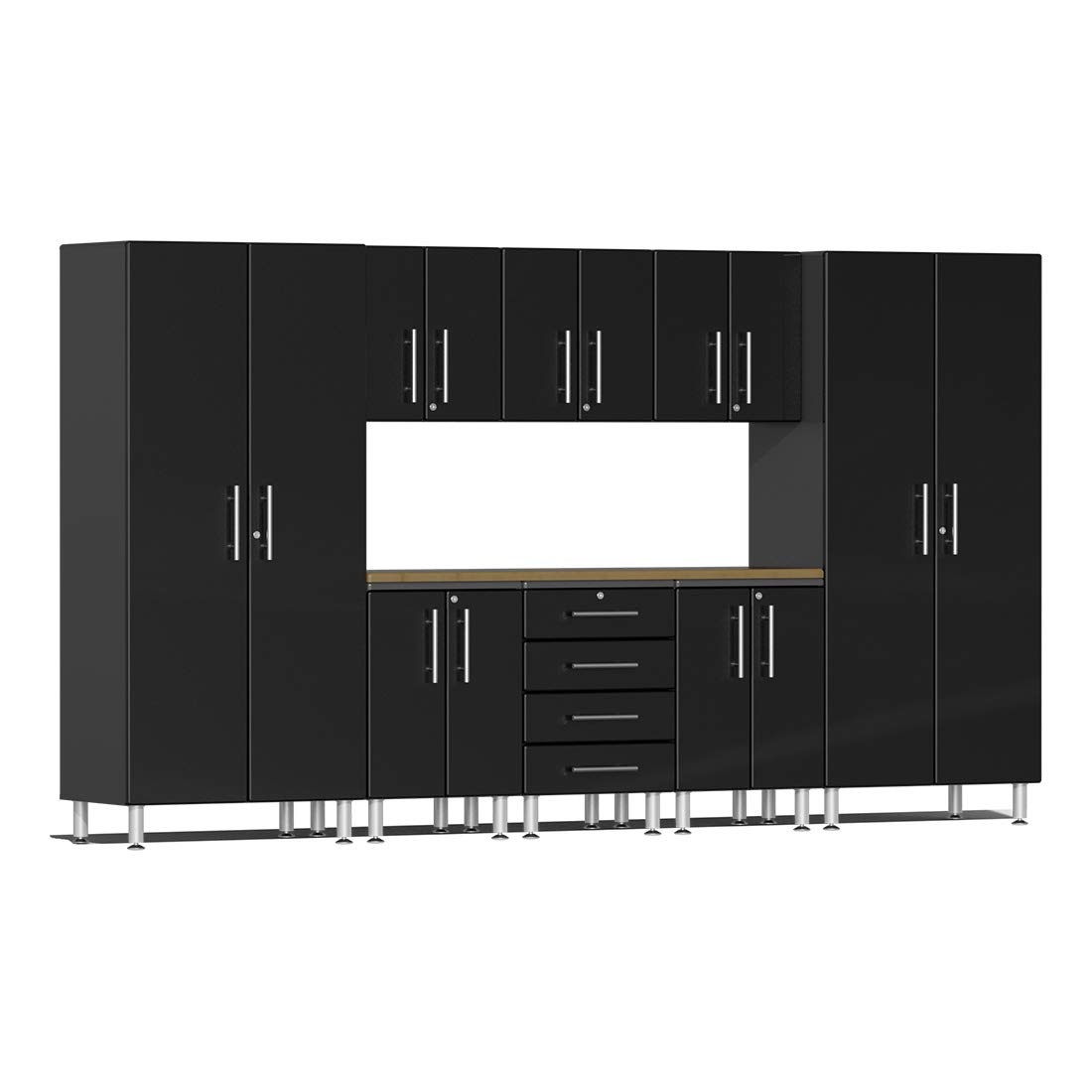 Ulti-Mate UG23092B 9-Piece Garage Cabinet Kit with Bamboo Worktop in Midnight Black Metallic