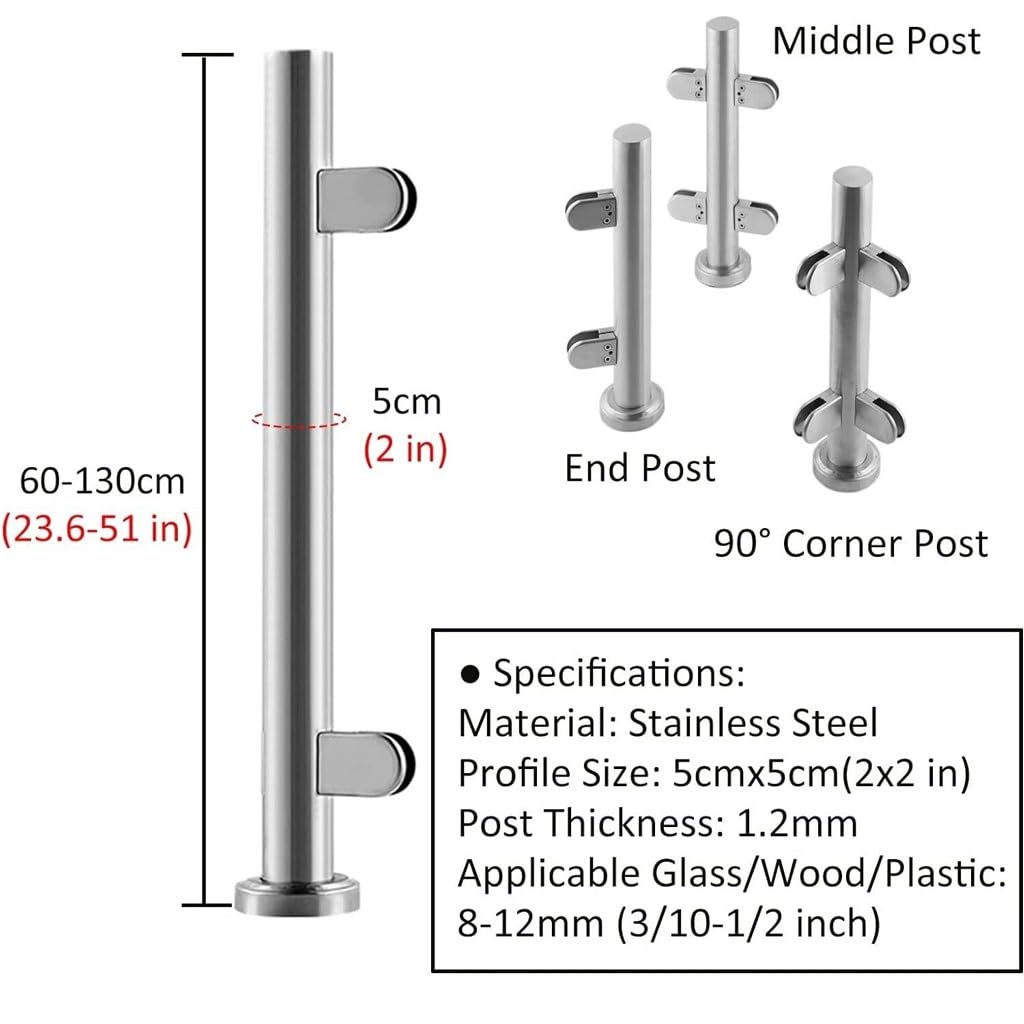 Pręt mocujący do ogrodzenia szklanego, słupki do balustrady szklanej, słupek balustrady ze stali nierdzewnej do zewnętrznego ogrodzenia szklanego na balkon/taras/basen (słupek narożny, 85 cm