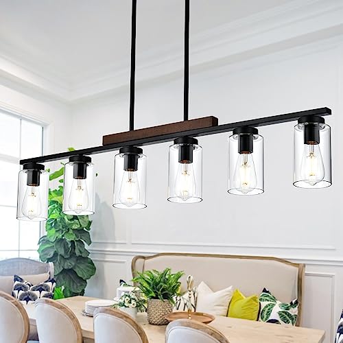 TODOLUZ Kitchen Island Lighting, 6-Lights Black Dining Room Light Fixtures Over Table, Farmhouse Linear Chandelier with Clear Glass Shades TODOLUZ Kitchen Island Lighting, 6-Lights Black Dining Room Light Fixtures Over Table, Farmhouse Linear Chandelier with Clear Glass Shades