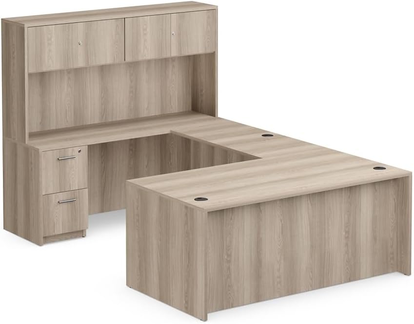 NBF Reversible U Shaped Desk with Hutch - Modern Computer Desk with Bridge and Locking Drawers - At Work Executive Office Workstation with Storage Cabinet - Warm Ash Laminate, 71" W