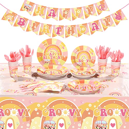 189 PcsTwo GroovyBirthdayPartyTablewareSet Groovy Boho Hippie Daisy Tablecloth24Guests Dinner