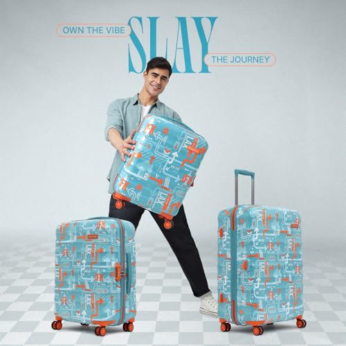 Image of uppercase Jfk Inline Trolley Bag Set Of 3 (Small,Medium,Large)|Hardshellsided Polycarbonate Printed Cabin&Check-In Luggage|Combination Lock|8 Wheel Inline Trolley Bag||(Teal Blue),H-75.5 cms