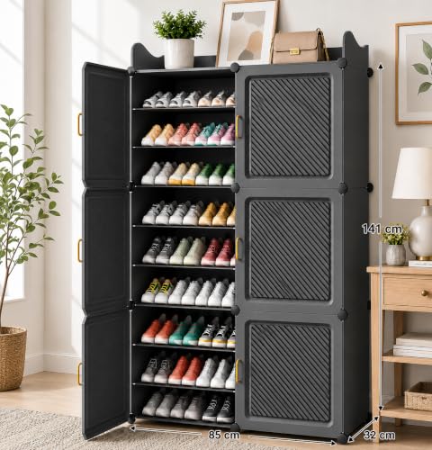 Image of LUHI Premium Modular Plastic Shoe Rack for Home with Door | 18-Tier Stackable Shoe Organizer | Waterproof & Dustproof | Space Saving Storage for Home, Bedroom & Entryway [Grey HT, 18-Shelf-6-Door]