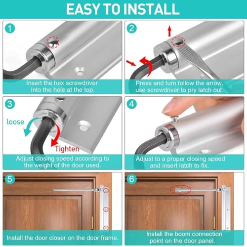 Image of Automatic Door Closer Hinge, Adjustable Spring Door Closer with Arm, Self Closing Door Hinge for Home, Office, Cabinet & Light Doors. (Silver)