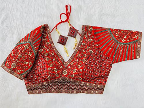 Image of Pujia Mills Mills Women's Fancy Readymade Heavy Coding Embroidary Worked Half Sleeve Multicolor Saree Blouse(Mushroom)