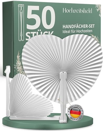 HOCHZEITSHELD Fächer Hochzeit 50 Stück - Weiße Handfächer für Erfrischung der Gäste -...