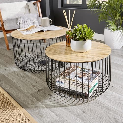 Home Source Retro Pair of Round Side Coffee Tables, Wooden Top, Metal Frame Living Room Storage, Set of 2